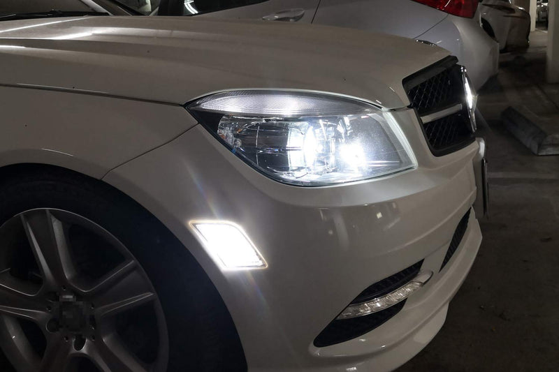 iJDMTOY Euro Clear Lens Front Side Marker Lights w/White LED Replacement Bulbs Compatible With 2008-11 Mercedes Pre-LCI W204 C250 C300 C350 & 2008-2013 C63 AMG, Replace OEM Amber Sidemarker Lamps Clear Lens White LED