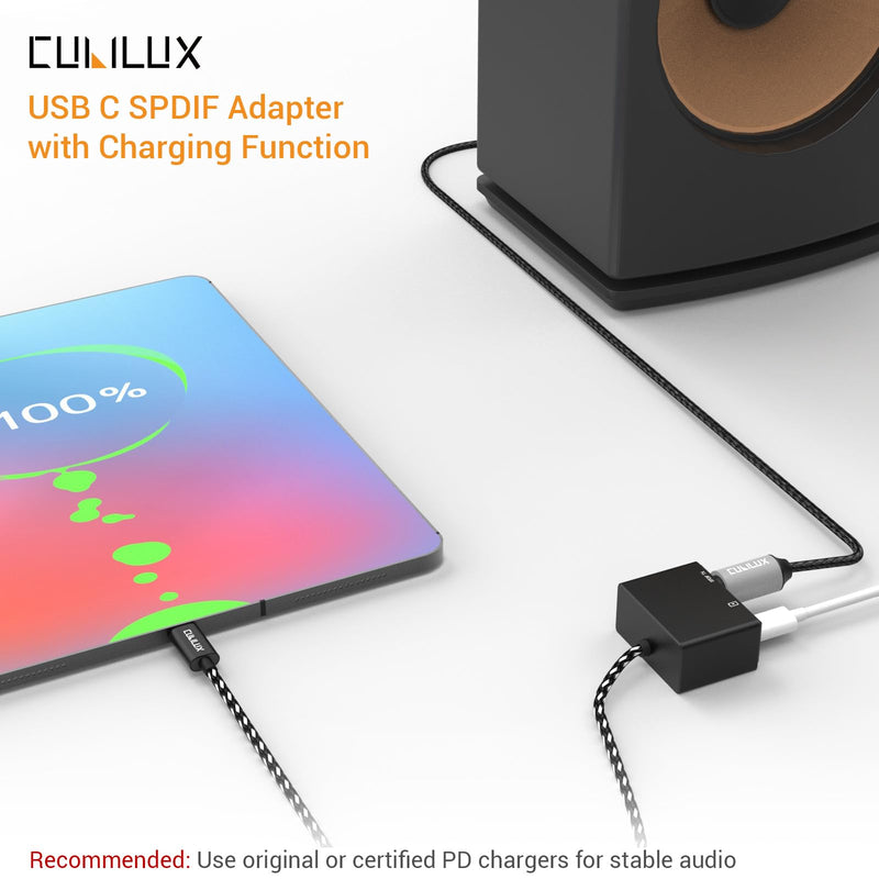 Cubilux USB C to SPDIF Adapter with PD Charging,USB Type C to Toslink Optical Audio with 192KHz/24bit, Thunderbolt 4/3 Spdif Audio Adapter,PD Charging Suitable for Chromecast Gen 3,Ipad 10/Ipad Pro