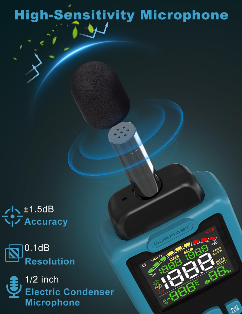 Decibel Meter, DURFICST Sound Level Meter 30-130dB, SPL Meter with Temperature & Humidity, A/C Weighted DB Meter with dB/SONE, Fast/Slow, MAX/MIN, for Home, Office, Factory, Neighbor Noise