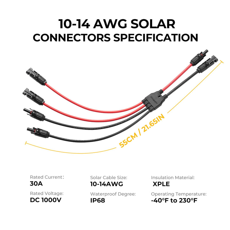 BougeRV Solar Parallel Connectors for 2 Solar Panels, 2 to 4 Y Branch 10AWG Adapter Splitter Cable Wire Plug PV Tool Kit, Waterproof (MFF/FMM) MFF/FMM