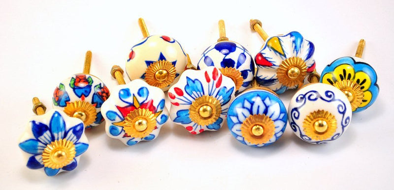 Parijat Handicraft set of 10 blue & white floral ceramic cupboard cabinet knobs drawer pulls Small 1.5" diameter