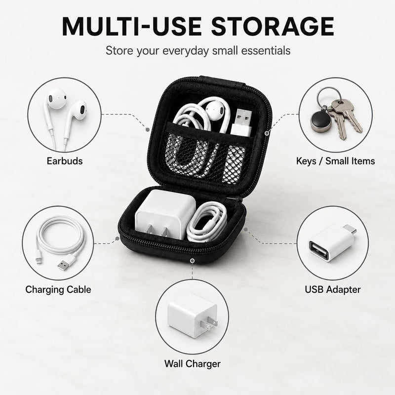 2Pcs EVA Zippered Organizer Pouches, Lightweight Hard Shell Cable Storage Case with Mesh Pocket for Earphones, Chargers, Travel and Desk,Black Black