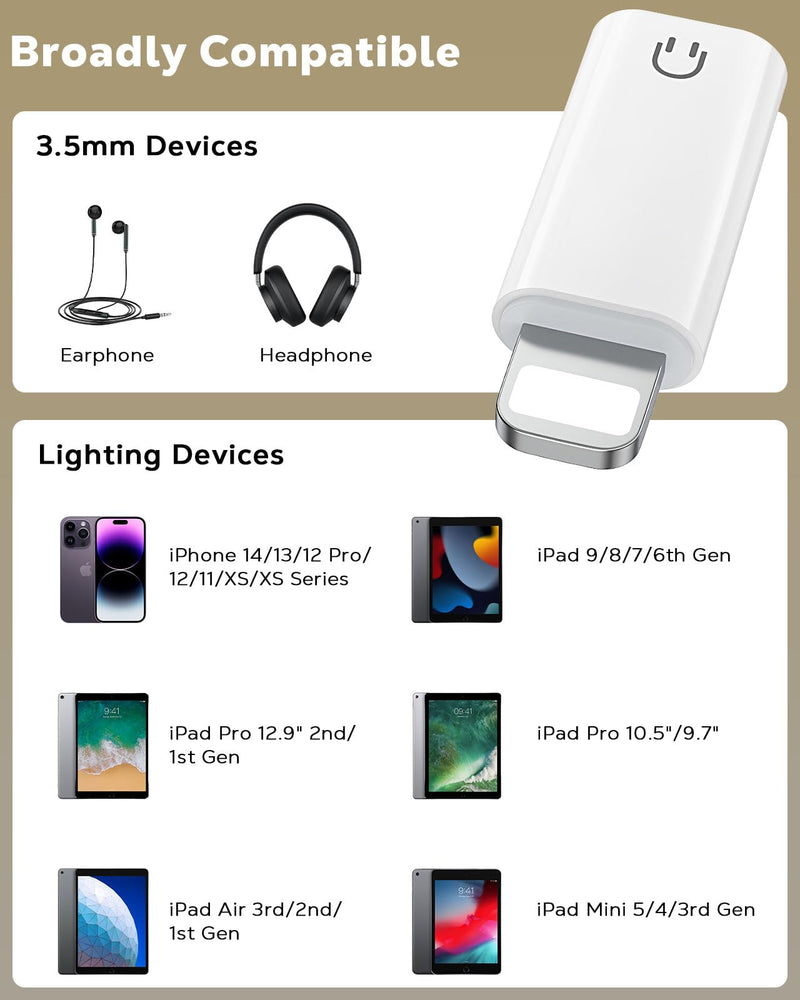 MoKo Lightning to 3.5mm Headphone Aux Adapter, for Music Playback Only | Cable-free Direct-plug Adapter, Lossless Hi-Fi Sound, Plug & Play, For iPhone 14/13/12/11/iPad White 2 Pack