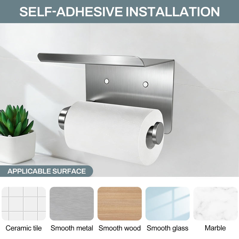 SetSail Toilet Paper Holder with Shelf Adhesive or Screw-in Bathroom Toilet Paper Roll Holders Wall Mount Brushed Nickel Heavy-Duty Tissue Holder for Bathroom Hardware Accessories, 2 Packs