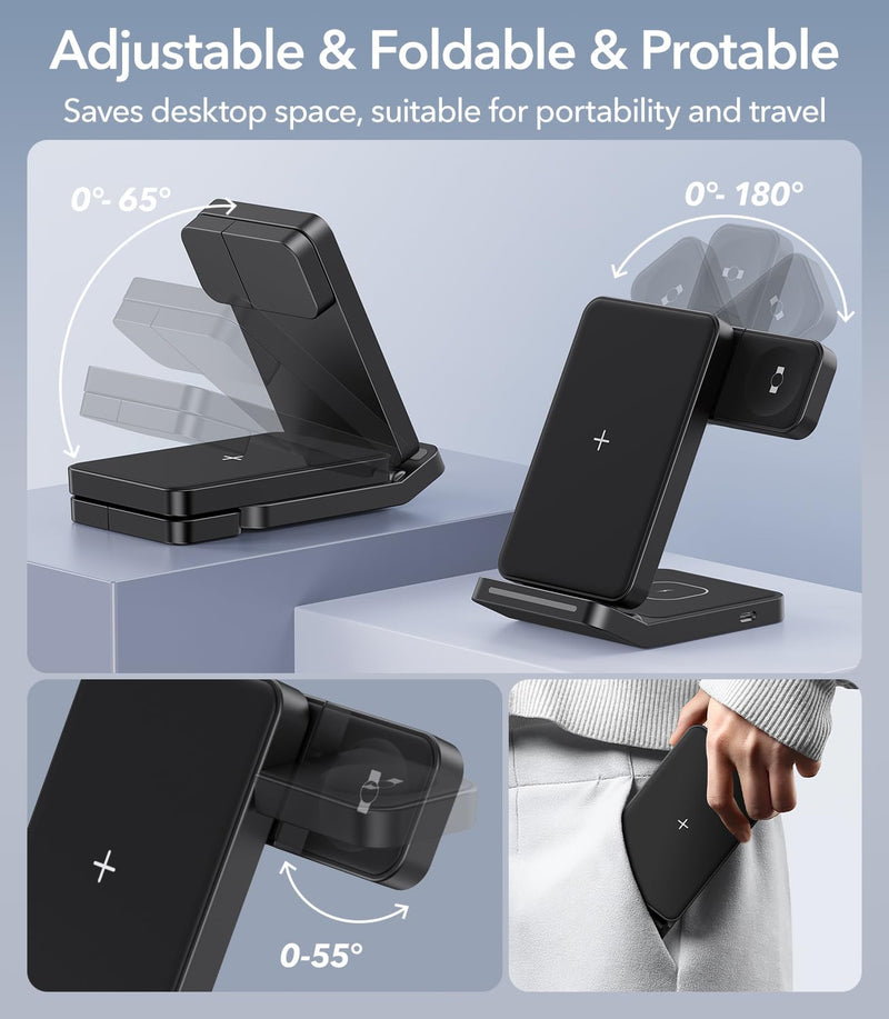 Foldable Wireless Charger for Samsung, 3 in 1 Fast Wireless Charging Station Stand for Samsung Galaxy S24 S23 Ultra/S22/S21/S20/Note 20/Z Flip 5/Fold 5/4,Galaxy Watch 6/5/5 Pro/4/3, Galaxy Buds 2/Pro