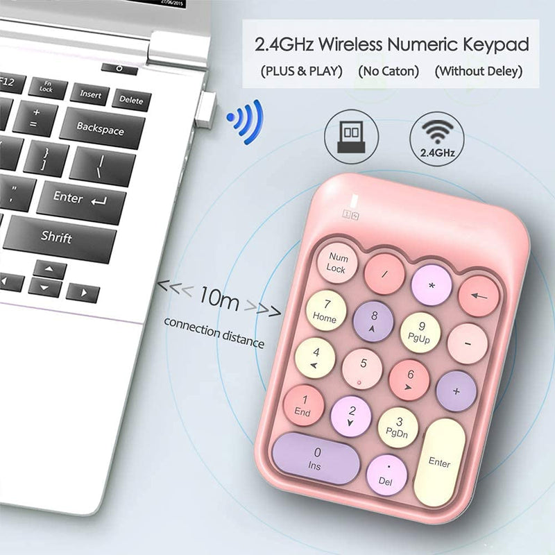FELICON Wireless Numeric Keypad 18 Keys with 2.4G Mini Portable Silent Number Pad USB Receiver Financial Accounting Keyboard Extensions for Laptop Desktop PC Pro（Pink Mix） Pink Mix