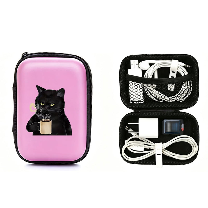 Grumpy Black Cat with Coffee Cup Print Hard Shell Electronics Organizer, Shockproof Carrying Case for Cables, Earphones, Chargers, Ideal Gift for Travel & Daily Use，4.33 * 3.14 * 1.57 inch/SNB02-026 Pink-026