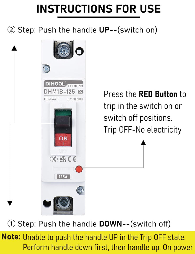 DIHOOL 125 Amp DC Breaker, Battery Disconnect Switch 500V, Thermal Magnetic Trip for Solar, Main Power, UPS 125a