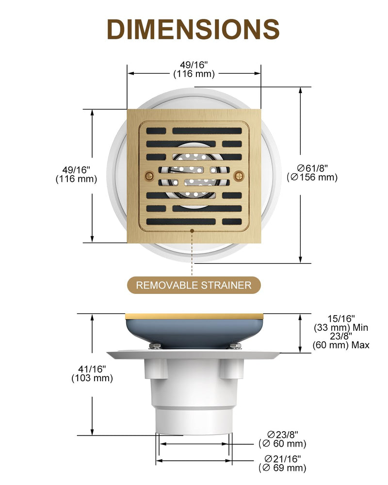 4 Inch Tile-in Champagne Bronze Shower Drain Fit for 2" PVC Pipe (Dia. 2-3/8 in) Removable SUS304 Stainless Steel Strainer Cover with Copper Layer, Champagne Gold DT062412-CZ 2-Year Replacement