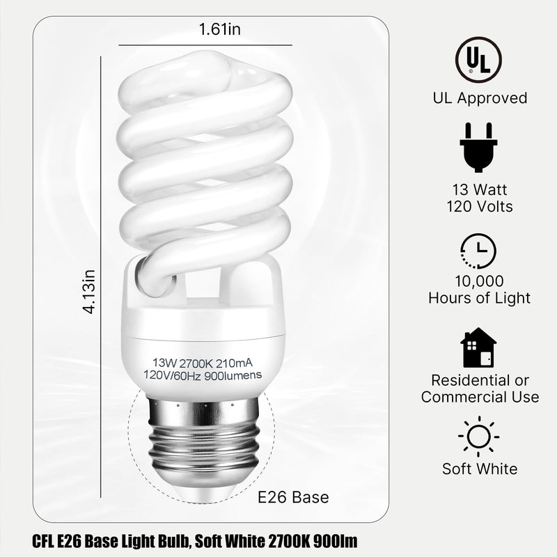 E26 CFL Light Bulbs 13Watt, T2 Spiral Soft White 2700K 900lm E26 Medium Base Compact Fluorescent Light Bulbs, UL Approved, 120v 60Hz, Self Ballasted CFL Bulbs (60Watt Equivalent), Pack of 12