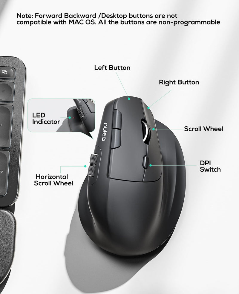 Nulea Ergonomic Vertical Wireless Mouse with Horizontal Scroll Wheel | Bluetooth And 2.4G Rechargeable Mouse With 6 Buttons, 3 Device Switching, Long Battery Life For PC And Mac
