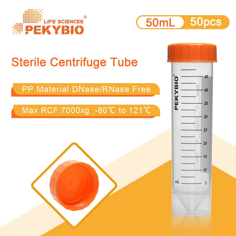 PEKYBIO Centrifuge Tubes 50ml Self-Standing Sterilized Polypropylene Graduated Test Tube with Seal Screw Cap Sample Storage Container, Pack of 50 50ML Self Standing