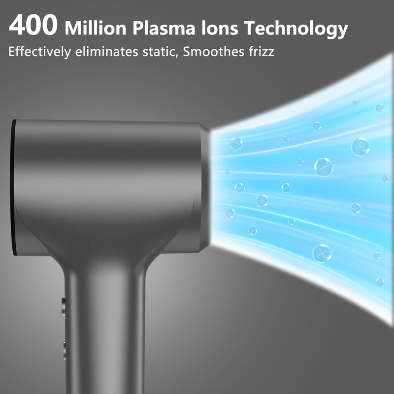 TQQ Hair Dryer, 400 Million Plasma Ionic Hairdryer, 110, 000 RPM High Speed Brushless Motor Blow Dryer for 2min Fast Drying, 57dB Low Noise Travel Hairdryers for Women and Men Charcoal Gray