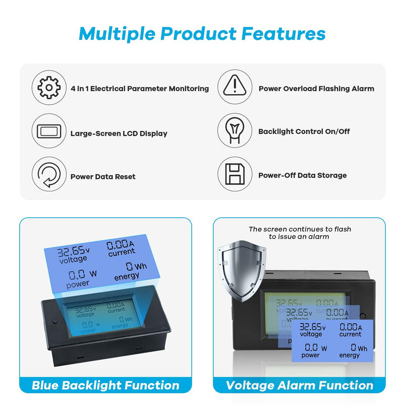  [AUSTRALIA] - DC 6.5-100V 0-100A LCD Display Digital Power Monitoring Meter Voltage Current Power Energy Meter Ammeter Voltmeter Multimeter with 100A Current Shunt