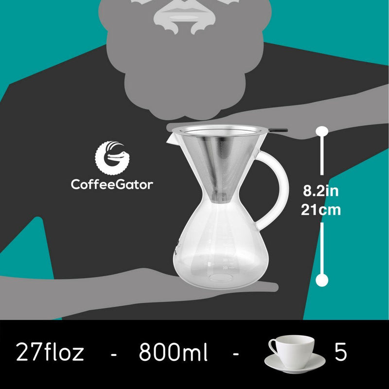 Coffee Gator Pour Over Coffee Maker - 27oz High Heat Borosilicate Glass with Reusable Stainless Steel Filter, Drip Coffee Brewer Dripper Set Carafe, 800ml Clear 27 oz
