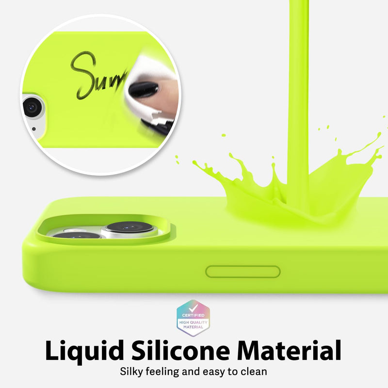 oakxco Liquid Silicone Case for iPhone 15 Case, Cute Slim Thin Phone Case for Women, Girly Soft Gel Rubber Cover Matte Solid Bright Color Shockproof with Microfiber Lining, Neon Green Lime