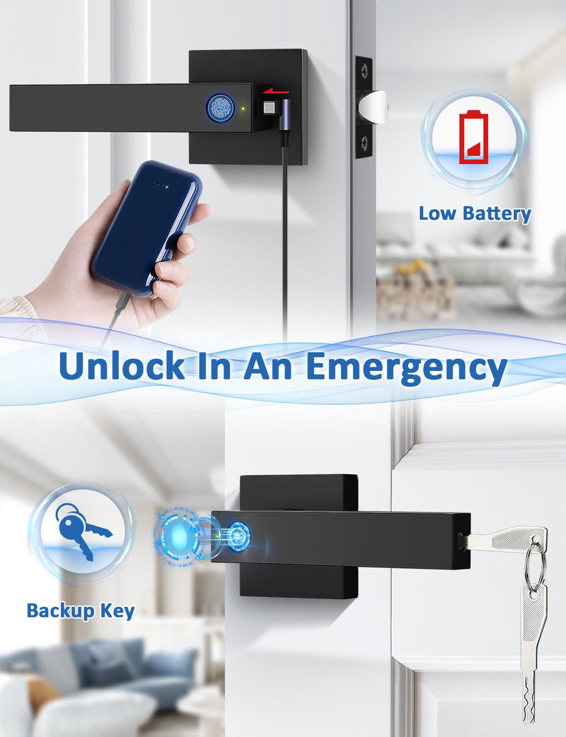 Tinewa Fingerprint Door Lock, Biometric Door Knob with Smart Lock, Keyless Entry Door Handle Lock with App, Bedroom, Office, Hotel, Pantry Matte Black