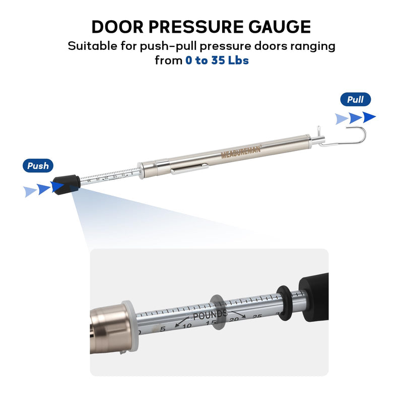 MEASUREMAN Dual-End Door Force Gauge, 0-35 Lbs/16kg Push Pull Tester, Stainless Steel Body with Hook, Door Closer & Lock Adjustment 0-35 Lbs / 16kg & with Hook