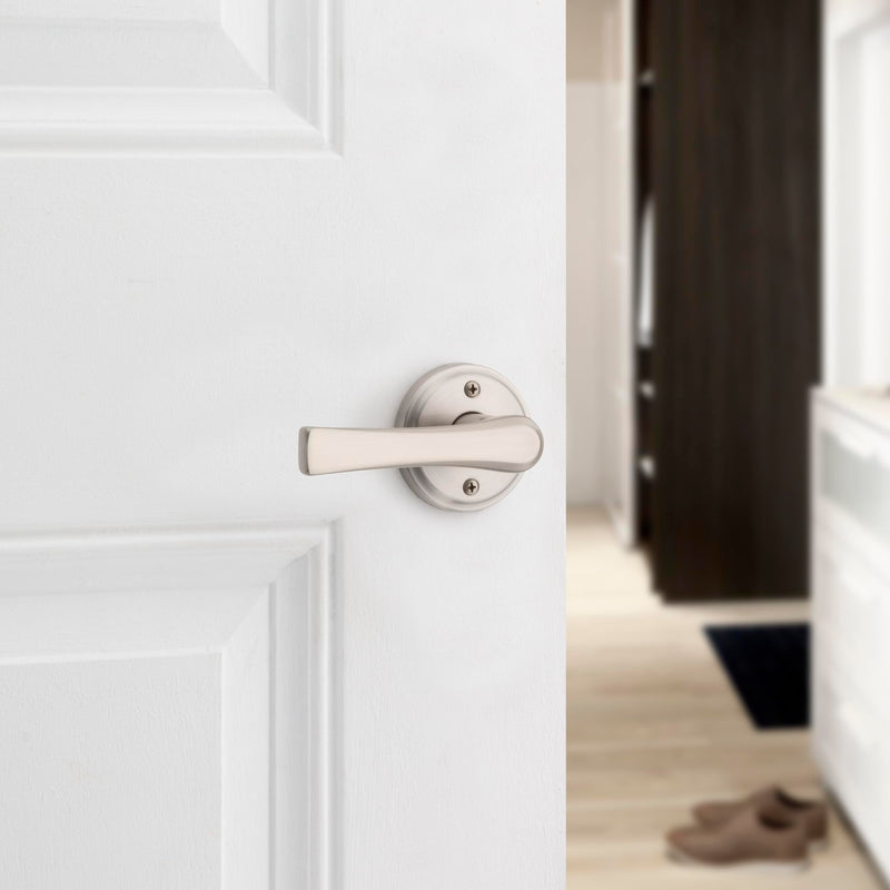 Kwikset Katella Interior Privacy Door Handle with Lock, Door Lever For Bathroom and Bedroom, Satin Nickel Reversible Keyless Push Button Lock Door Lever, with Microban Protection