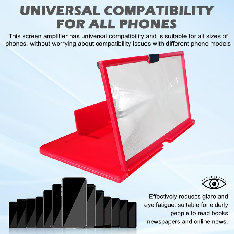 12" 3D HD Phone Screen Magnifier with Foldable Stand, Drawer Design, Blue Light Filter, Anti-Slip, Movie Video Gaming Amplifier, Universal Compatibility for All Phones (Red) Red