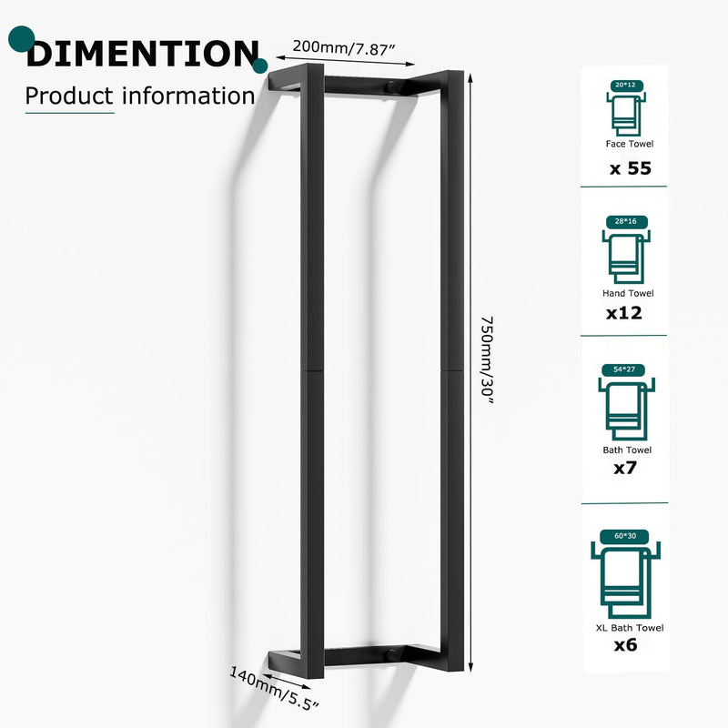 Towel Racks for Bathroom,VIDA-ZONE 304 Stainless Steel Towel Storage Racks for Rolled Bath Towels Can Hold 6-8 Large Towels,Wall Mounted 30 Inch Towel Organizer for Small Space Black Towel Holder