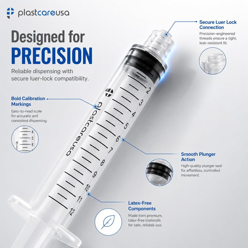 100 12ml Luer Lock Syringe without Needle, Disposable Luer Slip Tip Syringes - Non-Sterile, Latex-Free Plastic Dispenser by PlastCare USA 100.0