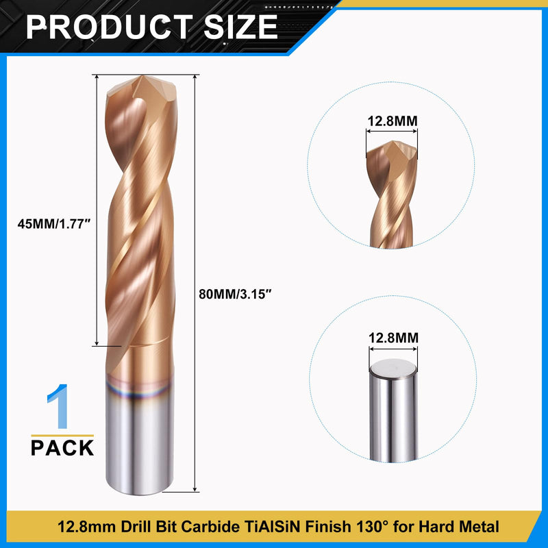 PATIKIL 12.8mm Drill Bit, Carbide Twist Jobber Bits Straight Shank 130° for Drilling Hard Metal Alloy Steel Stainless Steel Titanium Alloys - 1 Pack