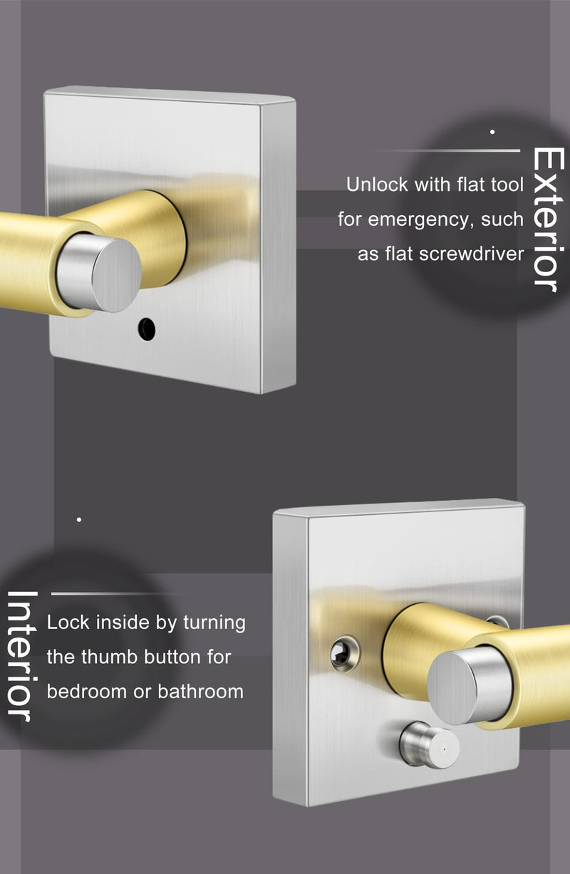 Goldenwarm 1 Pack Silver and Gold Interior Door Handles, Heavy Duty Privacy Door Handles Levers, Brushed Nickel Door Handles Interior for Bedroom and Bathroom(Square, Zinc Alloy) Brushed Nickel and Gold