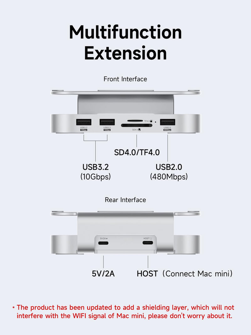 Hagibis Mac mini M4 Hub & Stand with SSD Enclosure, 3 in 1 USB Type-C Docking Station with M.2 NVMe SSD Case, 10Gbps USB3.2 Gen2, SD4.0, TF4.0, 5V/2A Power Supply for M4 Pro (MC60) MC60