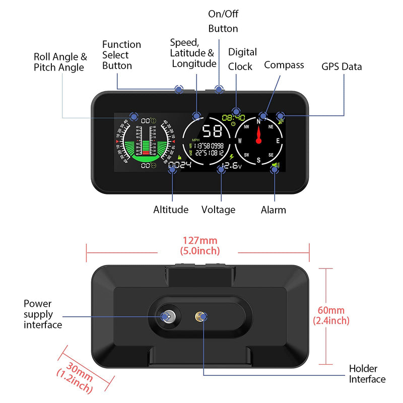 GPS Car Digital Inclinometer for Off Road Vehicles, Head Up Display DC 10-30v Multifunctional Vehicle Clinometer Digital Speedometer with Coordinate Display M60