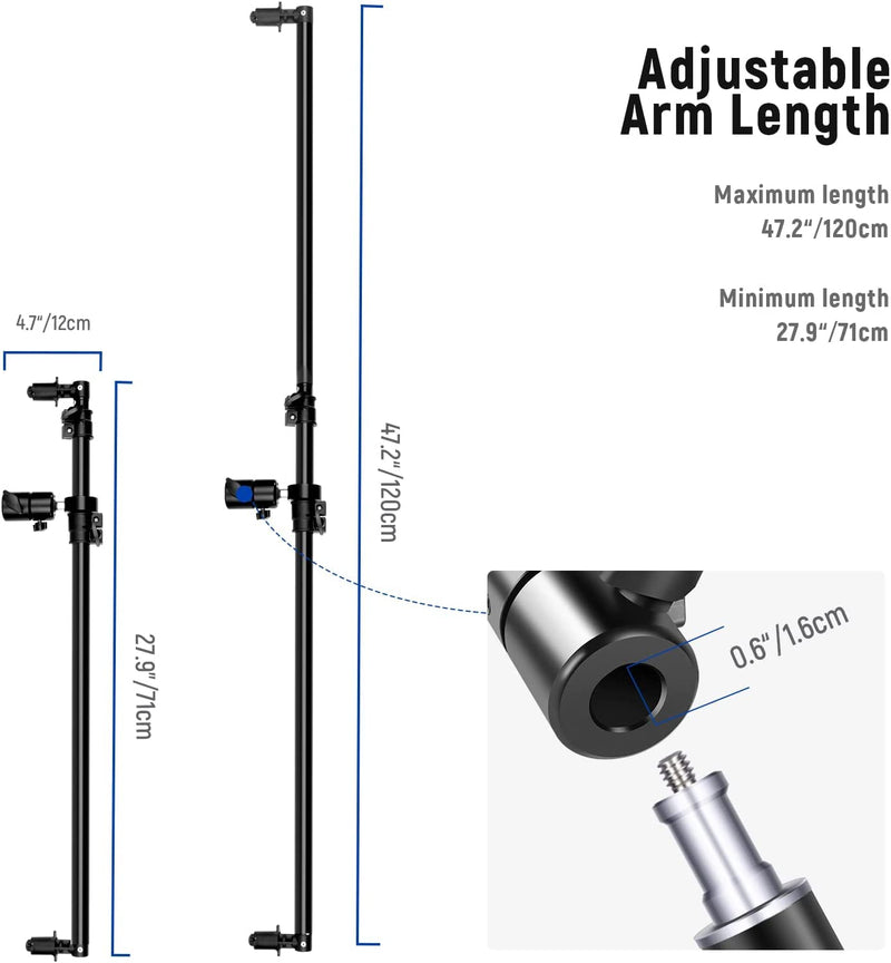 NEEWER Extendable Reflector Holder Arm, Photo Studio Telescopic 27.9” to 47.2” Boom Arm 360 Degree Swivel Reflector Bracket for Product and Portrait Photography, Ideal for Studio & Outdoor Photography