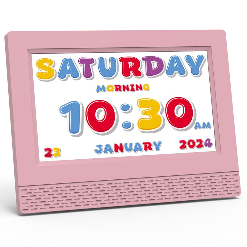 Kids Digital Alarm Clock Colorful, 7" Large LED Time Display Children's Sleep Trainer, Eye-Caring Digital Clock for Girls Boys Bedrooms Bedside, 17 Alarm Clock Settings Easy to Use Kids Birthday Gift Pink