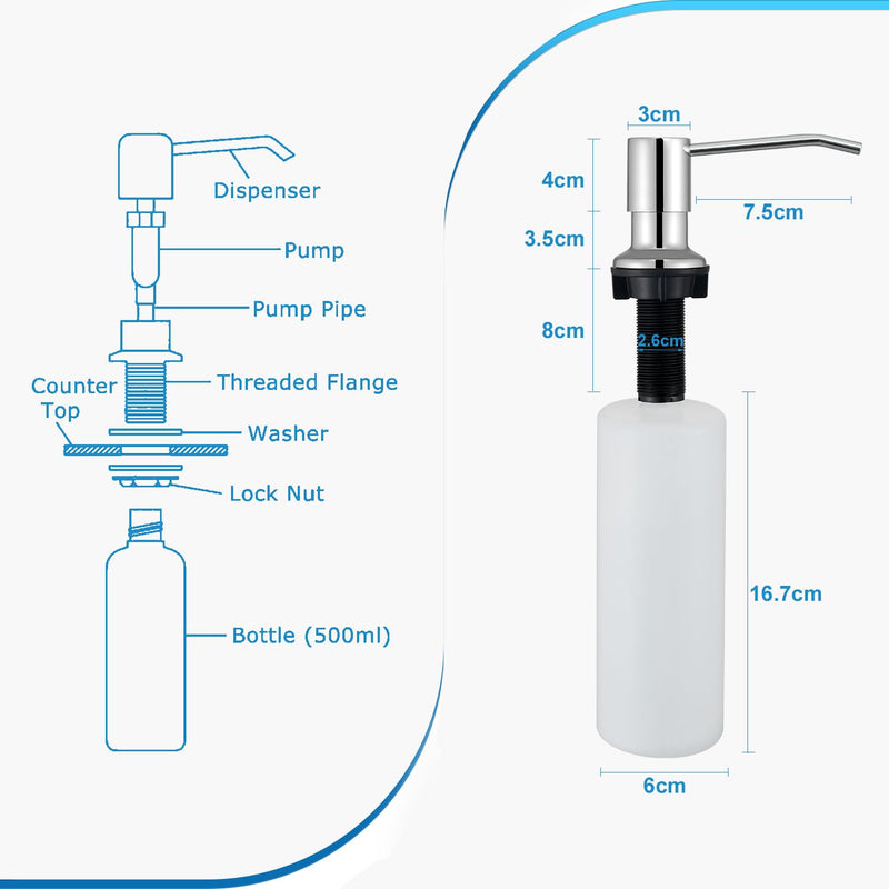 CREA Chrome Built-in Soap Dispenser for Kitchen Sink,Stainless Steel Kitchen Dish Soap Dispenser Pump,in Counter Soap Dispensers Under Sink Mouted Set 39" Tube 17oz Large Bottle Polished Chrome