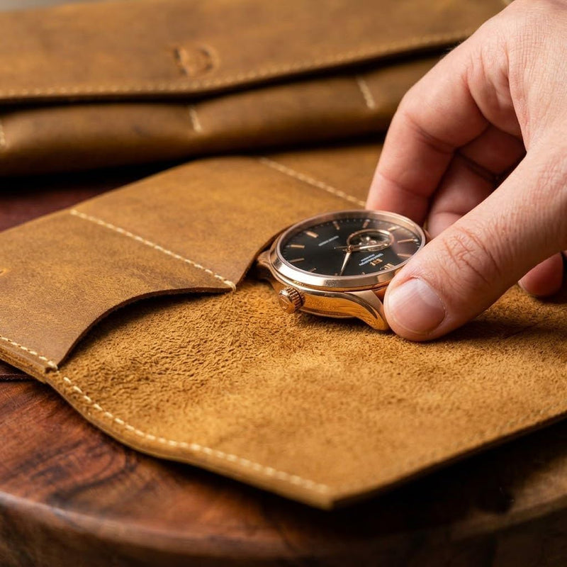 Dessi Handmade Crazy Horse Full Grain Leather Watch Roll 4 Slot Storage Organizer Case Universal Flat Fold Coffee Brown Travel Pouch Holder for Men Women Luxury Mechanical Timepieces