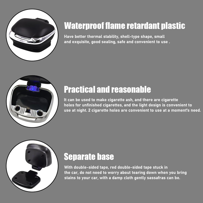 Car Ashtray with Lid, Flame Retardant Car Cigarette Ash Trash Can with Led Light, Waterproof Plastic Mini Ashtray Suitable for Most Vehicles, Universal Car Accessories (Black) Black