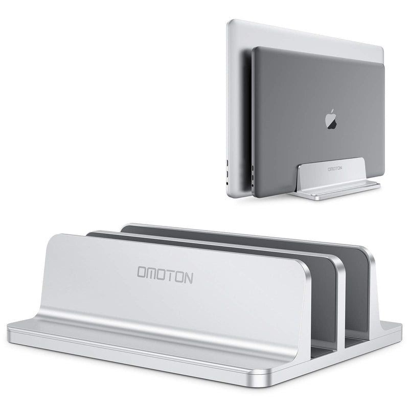 OMOTON [Updated Dock Version Vertical Laptop Stand, Double Desktop Stand Holder with Adjustable Dock (Up to 17.3 inch), Fits All MacBook/Surface/Samsung/HP/Dell/Chrome Book (Silver) Silver