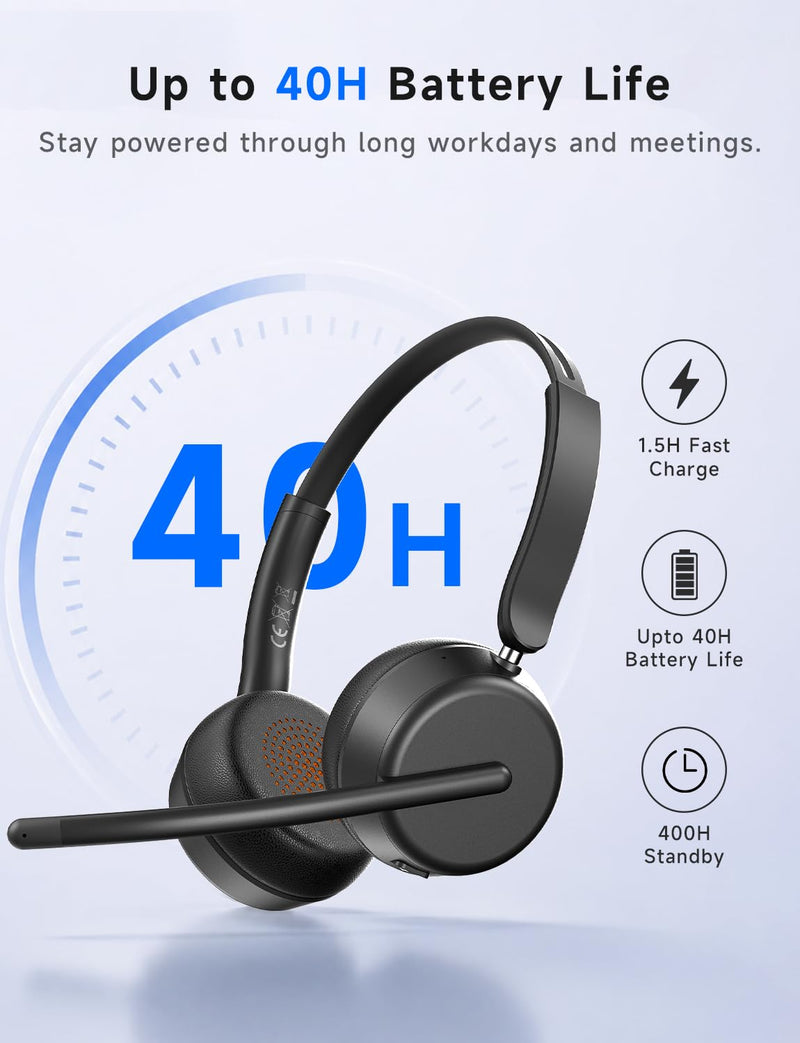 AOC Wireless Headset with Mic for Work, Bluetooth 5.4 Headphones-Dark Black | AI Noise-Canceling Mic for Clear Calls, Computer Headset with Mic Mute & USB A/C Dongle for PC, Computer, Laptop Dark Black