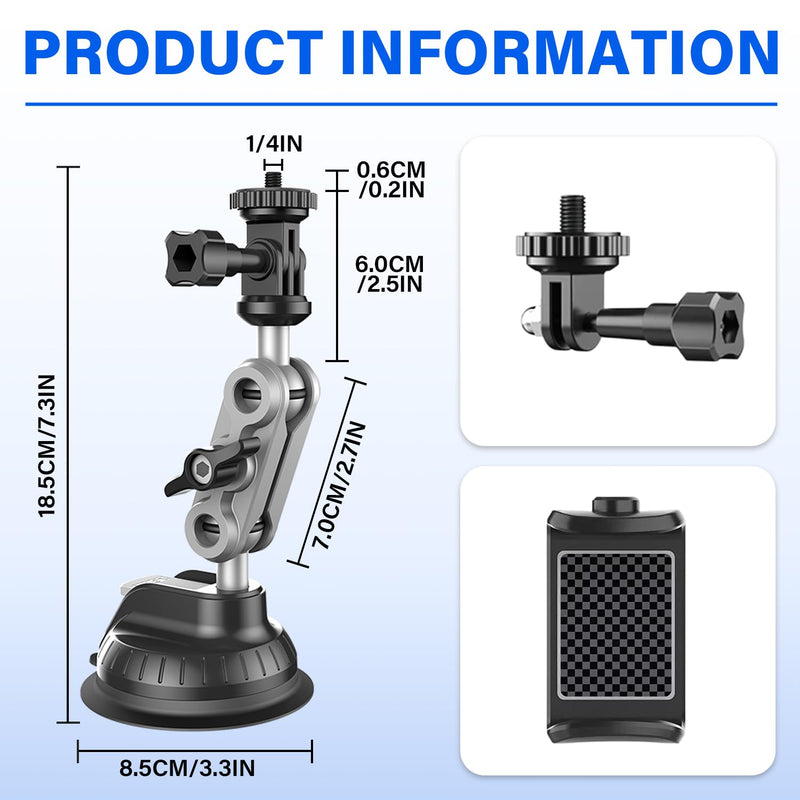Suction Cup Mount for GoPro Hero 11/10 / 9,for DJI Osmo Action/Procket,for Insta360 X3,Compatible with for iPhone and Android Additions,Mount on Car Windshield Window Dashboard Boats Vehicle