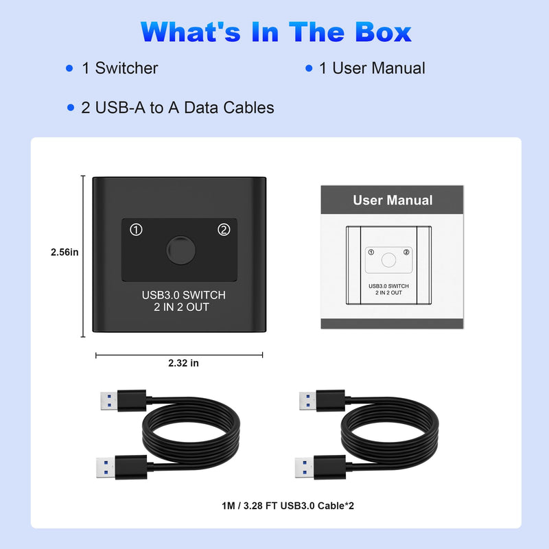USB Switch, USB 3.0 Switcher 2 in 2 Out, USB KVM & USB 3.0 Switch Selector, USB Switcher 2 Computers Sharing 2 USB for Printer, Keyboard, Scanner, Mouse, Compatible with Mac/Win/Linux