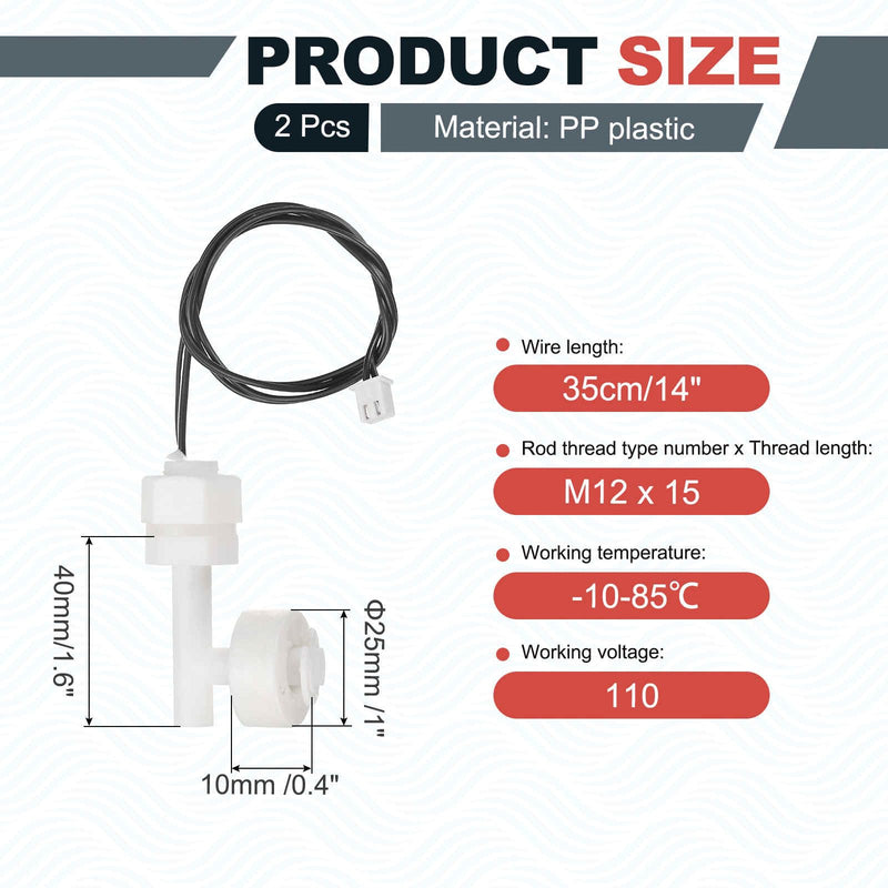 MECCANIXITY 2 Pack PP Float Switch M12 Plastic Liquid Level Sensor, Fish Tank Water Float Controller Sensor Switch with 40cm Rod for Smart Toilet Solar Tank Pool Pump Liquid Control
