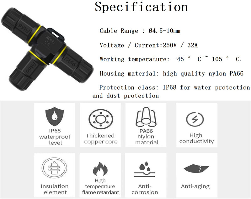 3 Way Junction Box IP68 Waterproof Electrical Junction Box 3 Pin Junction Box Outdoor Cable Connector for Underground/Outdoor Ø0.18-0.4in, Shielded Field Installable - 4Pack 3 Way Junction Box 4 PCS