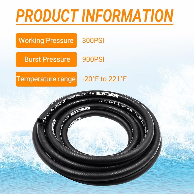 3/8'' Marine Fuel Hose Feed Line Rubber Type A1-15 / SAE J1527 Standards Fits Ships and Marine Equipment (10 Ft) 10 Ft