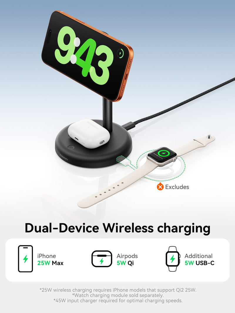 Qi2.2 25W Wireless Charger Stand with Cooling Fan & LED Light | 2-in-1 Fast Charging Station for iPhone 17/16/15/14/13/12 & AirPods, 5ft Cable, Nightstand & Desk, 45W Adapter Included With 45W Adapter