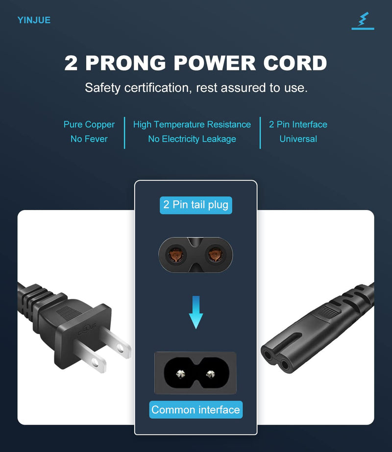 6FT AC Power Cord fit for Universal 2 Prong Power Cable（See Details for More Compatible Device Models） 6 Feet