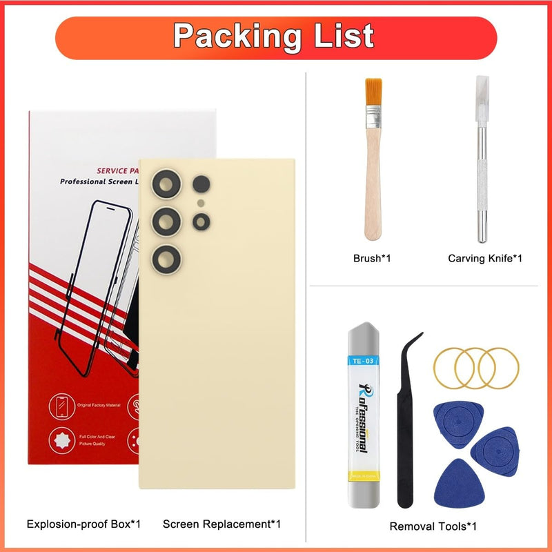 Back Glass Replacement for Samsung Galaxy S24 Ultra 6.8" | Rear Glass Cover Housing,with Pre-installed Camera Lens,Waterproof Adhesive,Full Repair Toolkit,Titanium Yellow Titanium Yellow
