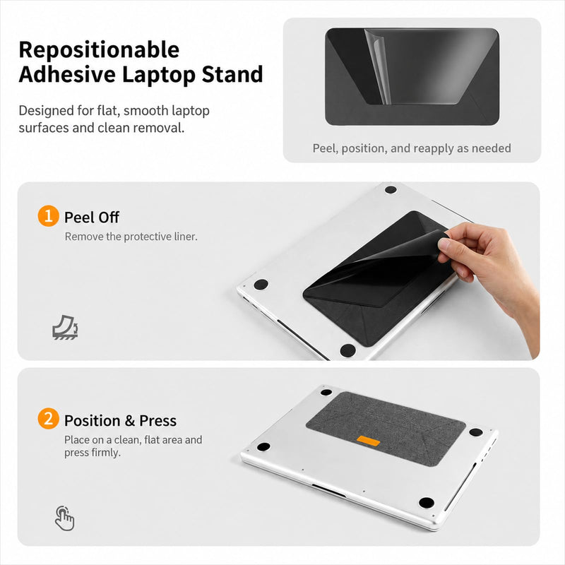 Adhesive Laptop Stand for Desk, Foldable Dual-Angle, 13–14 in | 0.1 in thin, 15°/25° dual-angle support, reusable adhesive, up to 11 lb, with 2 anti-slip pads