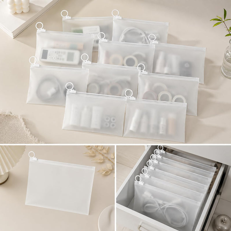 10 Pack Waterproof Clear Pouches, 11" x 7.1" Matte Storage Organizer, Zipper Plastic Bags for Office Supplies Makeup Cable Electronics for Travel Home Organizing, White Large