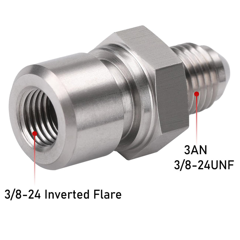 3AN Male to 3/8-24 3/16" Inverted Flare Female Brake Line Adapter Fitting Stainless Steel 2PCS 3AN to 3/8-24 - 2PCS