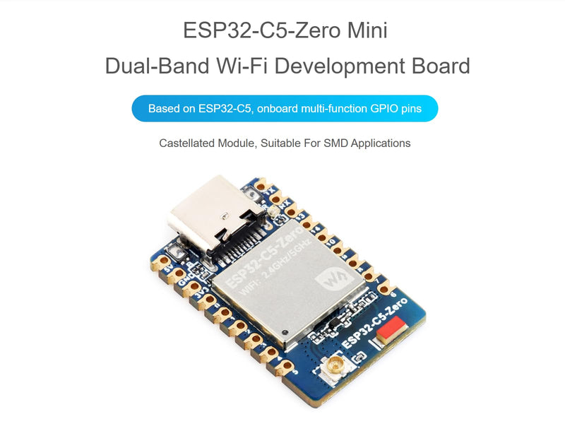 waveshare ESP32-C5 Mini 2.4GHz/5GHz Dual-Band Wi-Fi Development Board Based on ESP32-C5-HF4，Integrated Bluetooth 5 (LE),IEEE 802.15.4 (Zigbee 3.0 and Thread) Wireless Communications