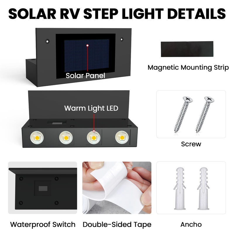 Magnetic Solar RV Step Lights– IP65 Waterproof, No-Wire LED Stair Light Strip for Camper & Trailer, Auto On at Dusk, Easy Install with Magnet & Adhesive, No Drilling (4 Pack)